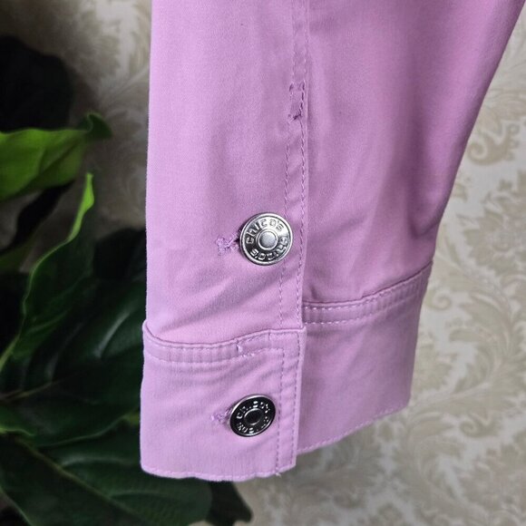 Chico's Size 0 (US Small) Soft Lilac Sateen Jean Jacket Logo Buttons Collar NWT - Picture 10 of 16